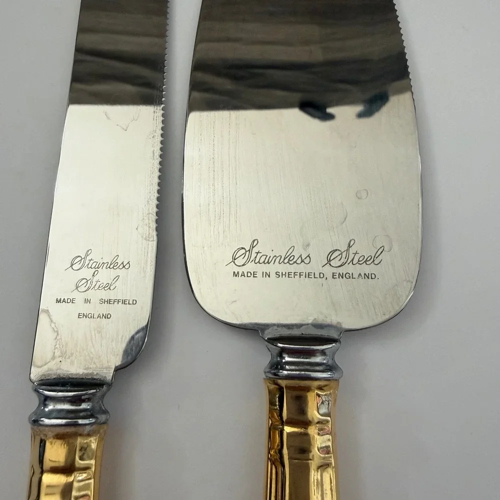 Vintage Sheffield England Stainless Steel Cake Server Knife Set Gold Ornate